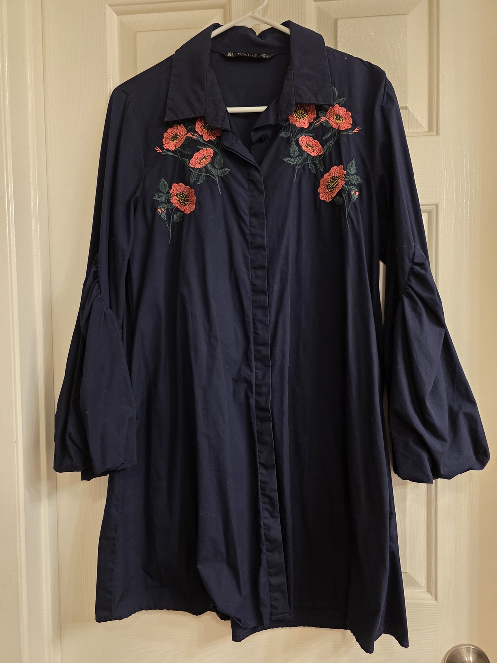 Embroidered Navy Popover Dress with Balloon Sleeves